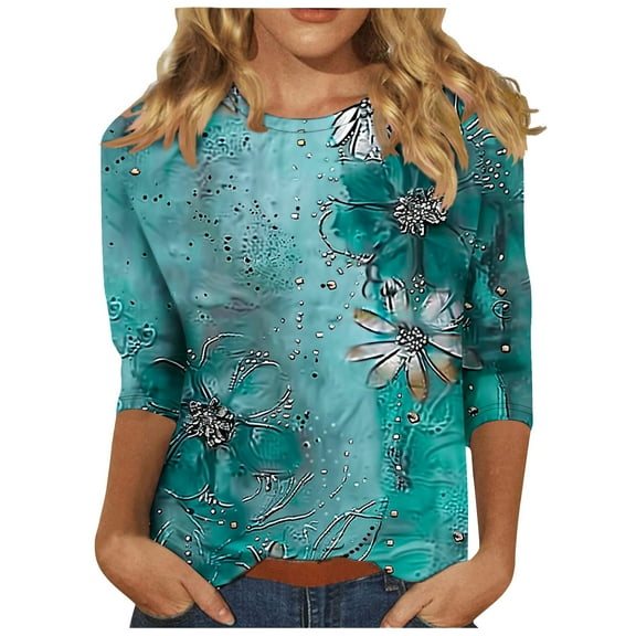 jtjvou Women's Trendy Fashion 3/4 Sleeve Tuinc Summer Going out Tops for Teen Round Neck Shirts Floral Pullover Oversize Multicolor,L