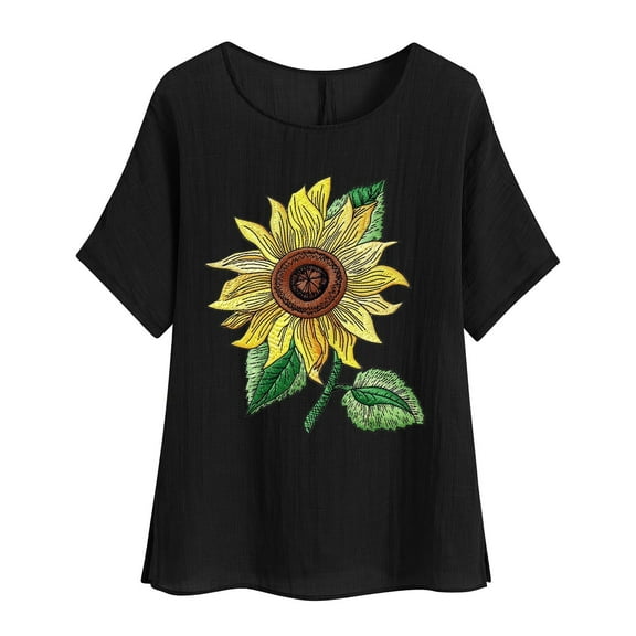jtjvou Women's Cotton Linen Tops Trendy Fashion Floral Blouse Round Neck Blouse Lady Oversize Short Sleeve Tops Going out Tops for Teen Summer Black,M