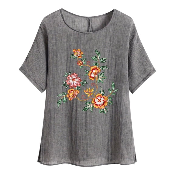 jtjvou Women's Trendy Fashion Floral Shirts Round Neck Tees Going out Tops for Teen Short Sleeve Tees Plus Size Summer Gray,XL