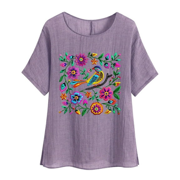 jtjvou Women's Trendy Fashion Floral Tuinc Round Neck Shirts Lady Short Sleeve Shirts Summer Going out Tops for Teen Oversize Purple,L