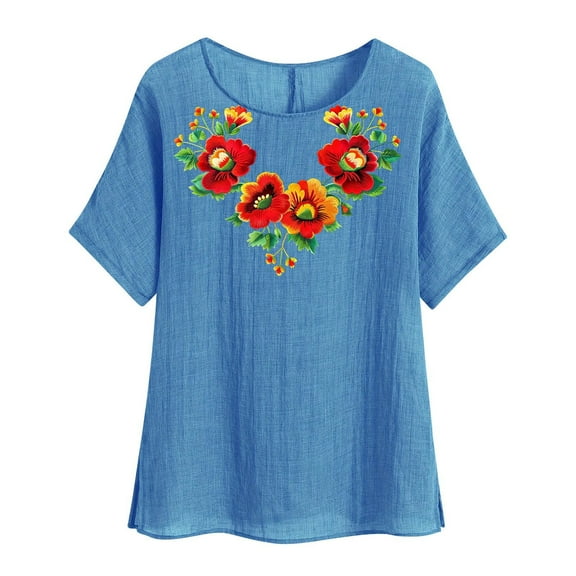 jtjvou Women's Trendy Fashion Short Sleeve Blouse Round Neck Shirts Casual Loose Lady Floral Print Tees Going out Tops for Teen Summer Blue,S