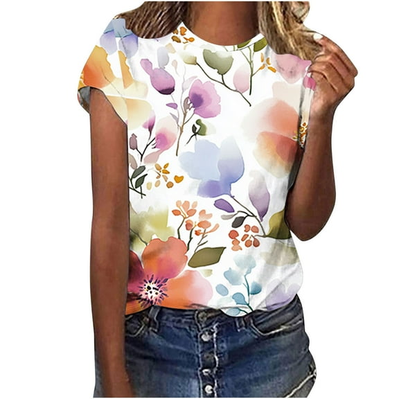 jtjvou Women's Trendy Fashion Short Sleeve Pullover Casual Loose Summer Going out Tops for Teen Round Neck Tuinc Floral Tops Lady Multicolor,L