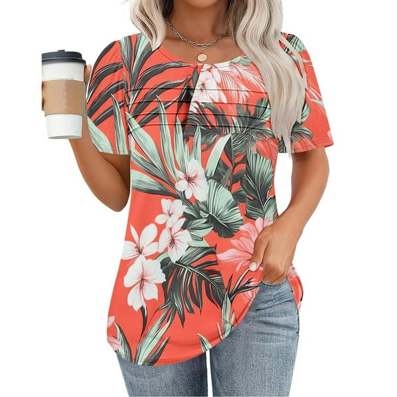 jtjvou Women's Trendy Fashion Short Sleeve Pullover Going out Tops for Teen Plus Size Lady Round Neck Tees Floral Tops Summer Multicolor,XL
