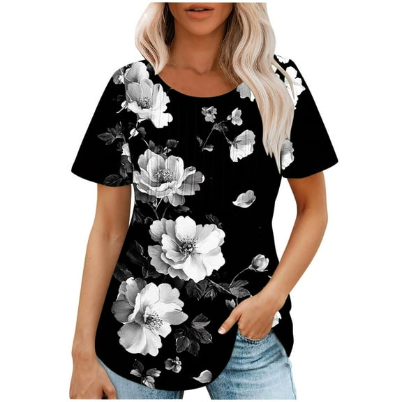 jtjvou Women's Trendy Fashion Short Sleeve Pullover Lady Summer Round Neck Shirts Casual Loose Floral Tops Going out Tops for Teen Multicolor,M