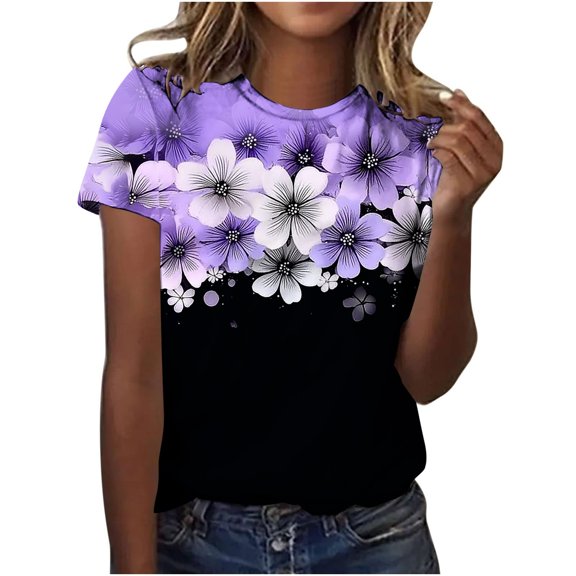jtjvou Women's Trendy Fashion Short Sleeve Shirts Lady Summer Floral Tuinc Round Neck Blouse Plus Size Going out Tops for Teen Multicolor,S