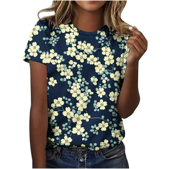 jtjvou Women's Flowy Basic T-Shirt Trendy Fashion Short Sleeve Shirts Lady Summer Going out Tops for Teen Crewneck Shirts Plus Size Floral Tuinc Multicolor,XXL