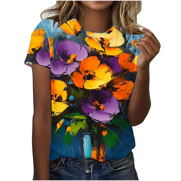 jtjvou Women's Trendy Fashion Short Sleeve Shirts Oversize Floral Tuinc Lady Crewneck Tuinc Going out Tops for Teen Summer Multicolor,S