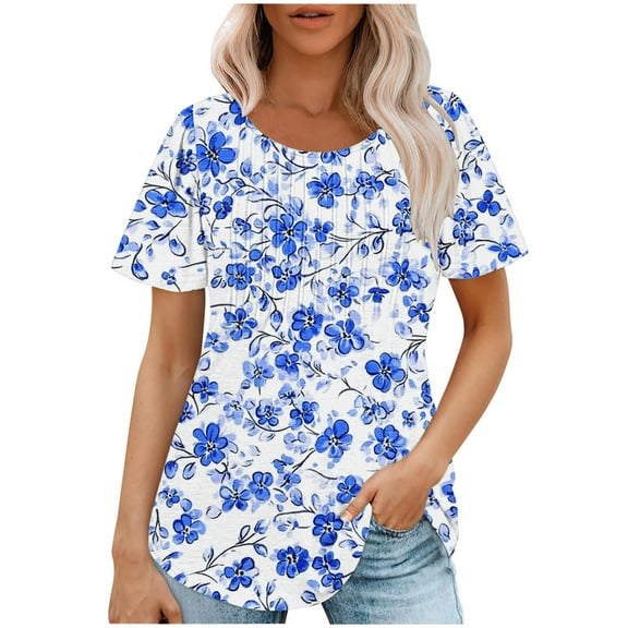 jtjvou Women's Trendy Fashion Short Sleeve Shirts Summer Floral Tuinc Going out Tops for Teen Round Neck Blouse Oversize Lady Multicolor,L