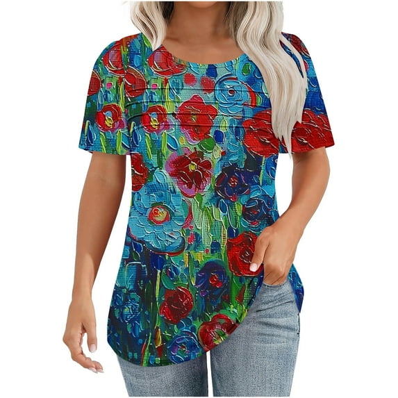 jtjvou Women's Trendy Fashion Short Sleeve Tees Casual Loose Summer Going out Tops for Teen Floral Shirts Crewneck Pullover Multicolor,M