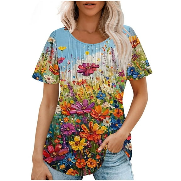 jtjvou Women's Trendy Fashion Short Sleeve Tees Floral Shirts Summer Lady Going out Tops for Teen Casual Loose Crewneck Blouse Multicolor,M