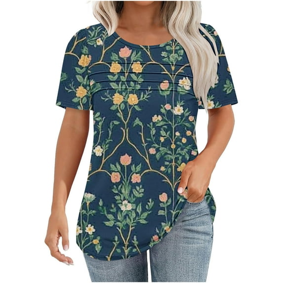 jtjvou Women's Trendy Fashion Short Sleeve Tees Going out Tops for Teen Round Neck Blouse Casual Loose Lady Floral Shirts Summer Multicolor,S