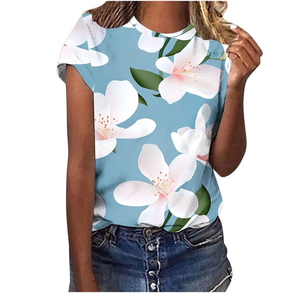 jtjvou Women's Trendy Fashion Short Sleeve Tops Plus Size Going out Tops for Teen Floral Blouse Lady Round Neck Shirts Summer Multicolor,XXXL