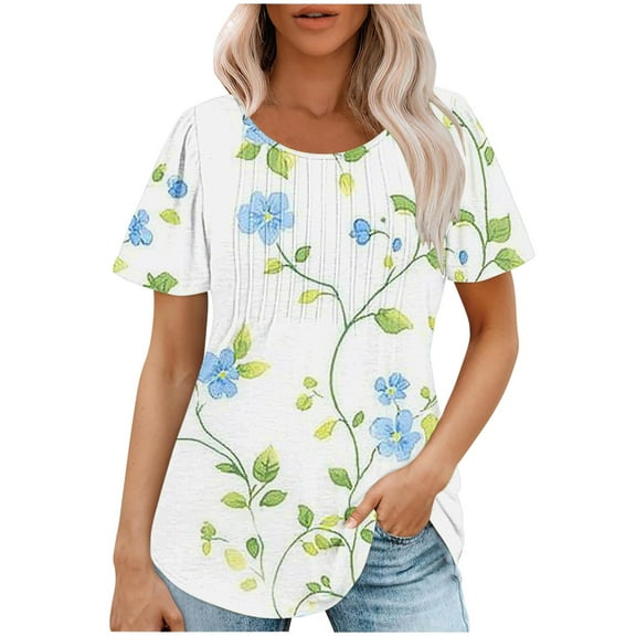 jtjvou Women's Trendy Fashion Short Sleeve Tuinc Summer Floral Pullover Casual Loose Going out Tops for Teen Crewneck Blouse Multicolor,XL