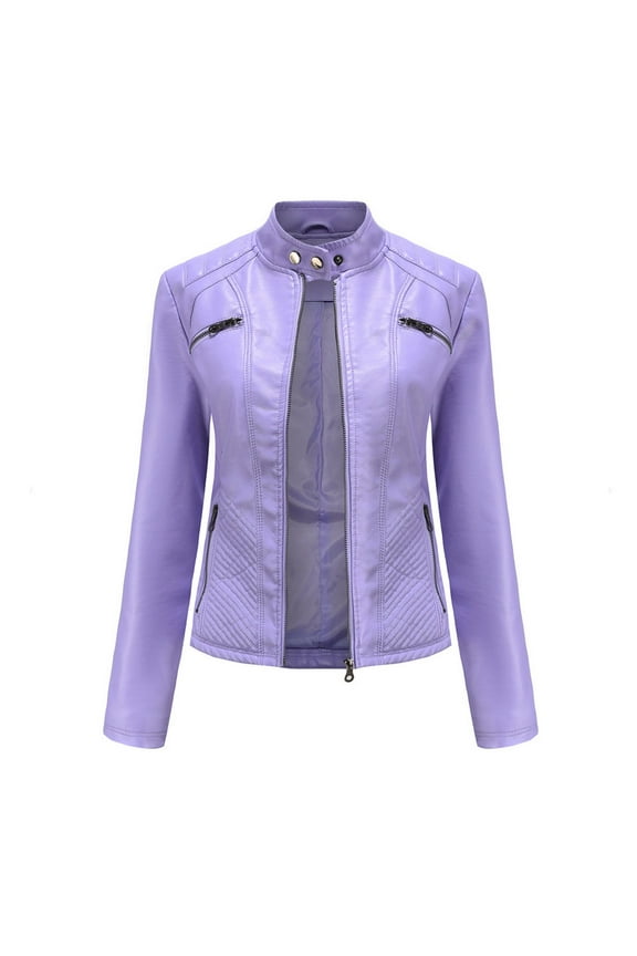 Women's Trendy Faux Leather Jacket Moto Short Jacket Fashion PU Jacket Coat for Women Purple,M