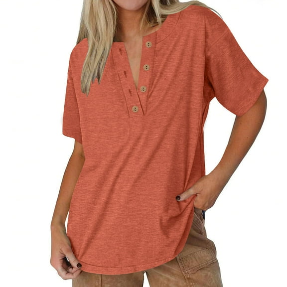jtjvou Women's Trendy Short Sleeve Tunic Tops Dressy Casual Summer Crew Neck Henley Shirts Solid Button Down Loose Fit Blouses Orange XXXL