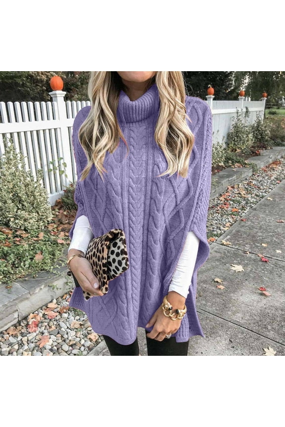 Women's Turtleneck Sweaters Chunky Cable Knit Pullover 2024 Fall Fashion Side Slit Poncho Sweater Shawl Top,Purple,S