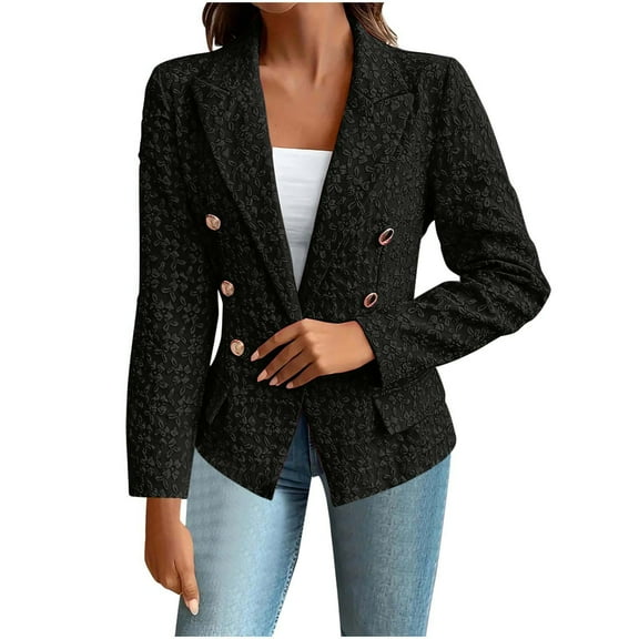 jtjvou Women's Tweed Blazers Business Casual - Long Sleeve Double Breasted Jackets Open Front Work Suits Black XL