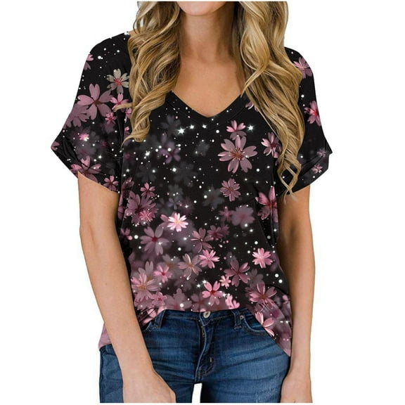 jtjvou Women's V-Neck Tuinc Floral Tees Plus Size Summer Short Sleeve Blouse Lady Trendy Fashion Going out Tops for Teen Multicolor,L