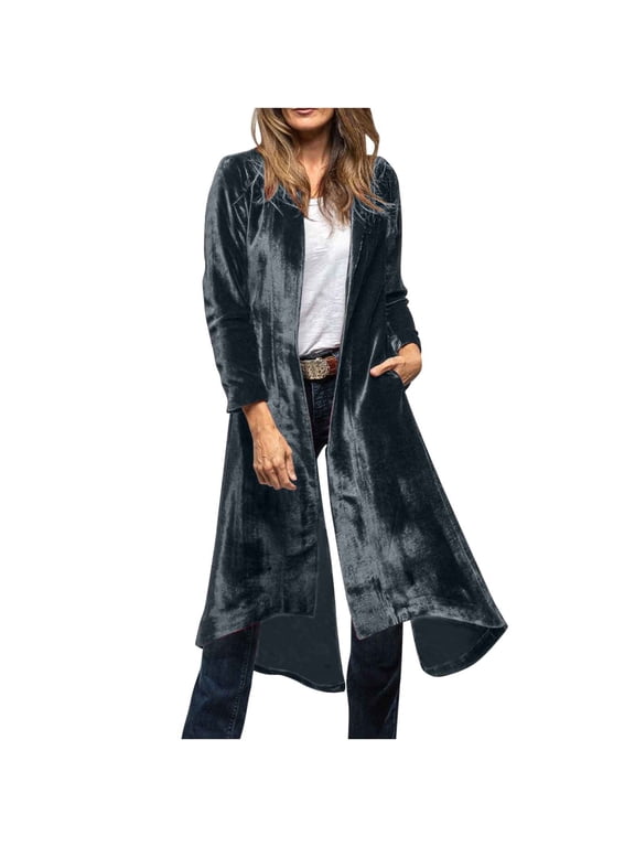 Women's Velvet Open Front Long Trench Coat Elegant Back High Slit Blazer Suit Jacket with Pockets Gray M