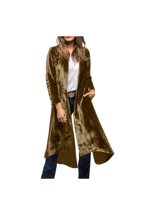Women's Velvet Open Front Long Trench Coat Elegant Back High Slit Blazer Suit Jacket with Pockets Yellow S