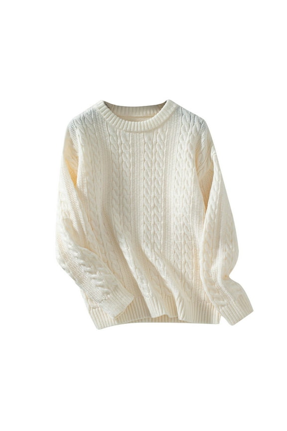 Women's Vintage Crew Neck Chunky Cable Knit Sweater Casual Long Sleeve Pullover Tops Trendy Fall Winter Clothes,White,S