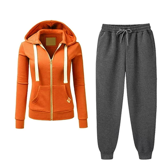 jtjvou Women's Vintage Elegant 2 Piece Sets Pants Set Sweatsuit Pullover Jogger Pants Lounge Set Long Sleeve and Pants Plus Size Solid Color Track Suits Y2K Outfits for Women Fall Orange XXXL