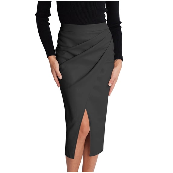 jtjvou Women's Vintage Faux Leather Midi Skirt High Waisted Wrap Ruched Front Slit Zip Back Bodycon PU Pencil Skirts Black M