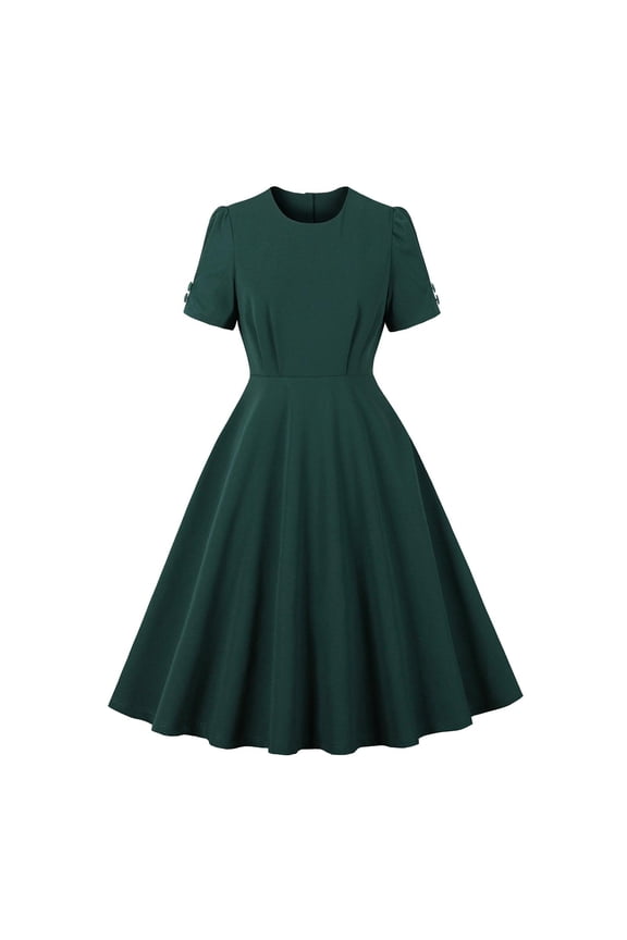 Women's Vintage Midi Dress Short Sleeve Button Back High Waist A-Line Swing Party Summer Dress Green S
