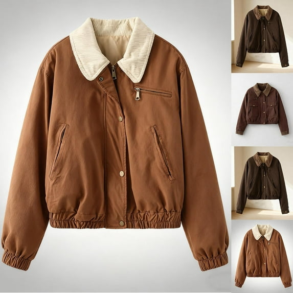 jtjvou Women's Vintage Patchwork Lapel Collar Jacket Loose Long Sleeve Versatile Cargo Outerwear Coats with Pockets Brown L