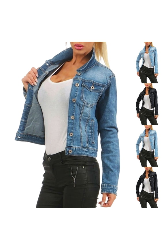 Women's Washed Trucker Jacket Long Sleeve Button Down Casual Jean Jacket Slim Fit Stretchy Denim Shacket Coat Black L