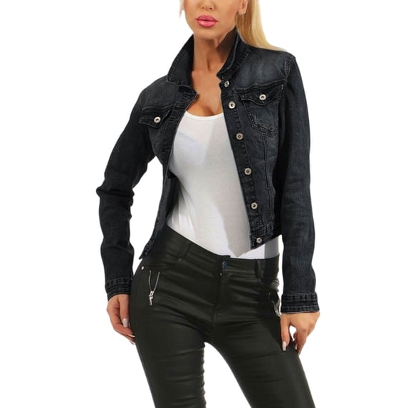 jtjvou Women's Washed Trucker Jacket Long Sleeve Button Down Casual Jean Jacket Slim Fit Stretchy Denim Shacket Coat Black S