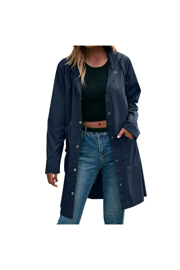 Women's Waterproof Rain Jacket Lightweight Raincoat Hooded Windbreaker Trench Coat Button up Hood Raincaot Long Trendy Outdoor Jackets Navy L