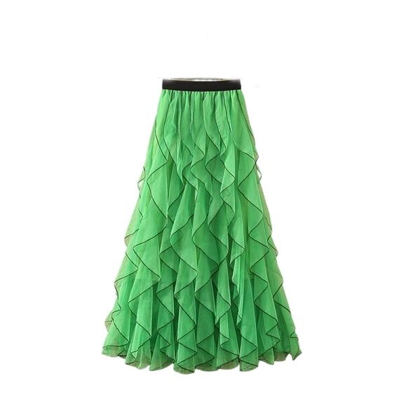 jtjvou Women's Wavy Ruffle Tulle Maxi Skirt High Waist Contrast Trim Flowy Long Skirt Elegant Fairy Mesh Skirt Green Free Size