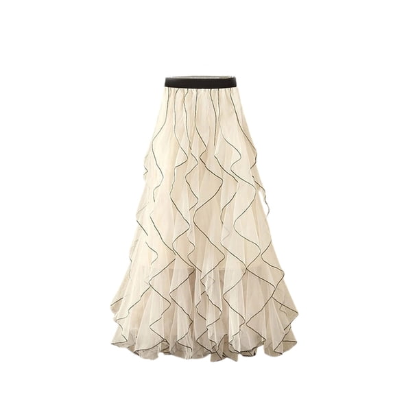 jtjvou Women's Wavy Ruffle Tulle Maxi Skirt High Waist Contrast Trim Flowy Long Skirt Elegant Fairy Mesh Skirt White Free Size