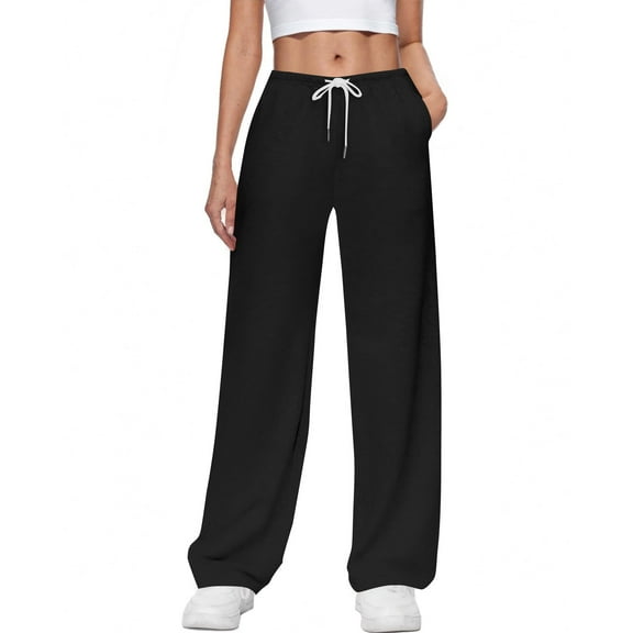 jtjvou Women's Wide Leg Sweatpants Fleece Lined Baggy Straight Leg Lounge Pants Fall Outfits Athletic Joggers with Pockets Black M