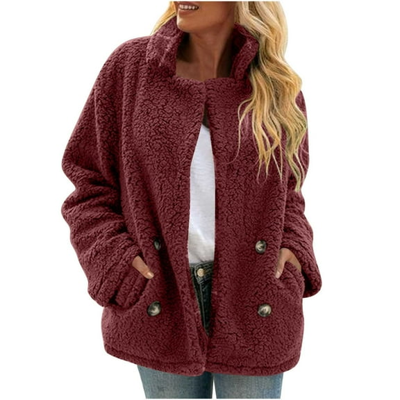 jtjvou Women's Winter Faux Fur Coats Long Sleeve Lapel Button Down Pockets Fleece Jacket Casual Trendy Outerwear Red L
