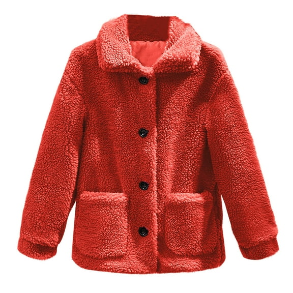 jtjvou Women's Winter Faux Fur Coats Long Sleeve Lapel Button Down Pockets Fleece Sherpa Jacket Casual Trendy Outerwear Red XL