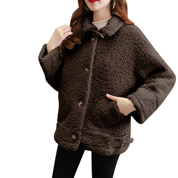 jtjvou Women's Winter Faux Fur Coats Long Sleeve Lapel Button Down Pockets Fleece Sherpa Jacket Casual Trendy Outerwear Brown XL