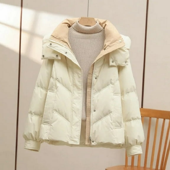 jtjvou Women's Winter Hooded Down Cotton-Padded Jacket Loose All-Match Thicken Warm Parkas Short Coat Casual Tops Beige M