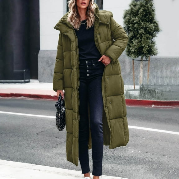 jtjvou Women's Winter Long Puffer Coats Hooded Zip Up Casual Thickened Down Jackets Trendy Warm Clothes Outerwear Green M