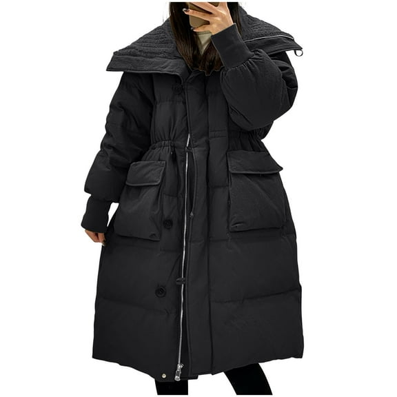 jtjvou Women's Winter Long Puffer Coats Zip Up Casual Thickened Down Jackets Trendy Warm Overcoat with Pockets Black S