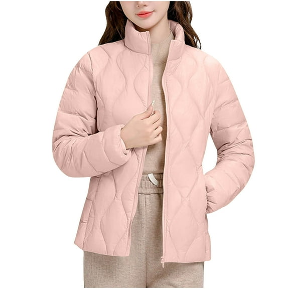 jtjvou Women's Winter Warm Jacket Fashion Solid Color Stand Collar Long Sleeves Lightweight Down Cotton Parkas Jacket Pink XL