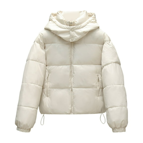 jtjvou Women's Winter Warm Puffer Coat Cropped Slim Fit Down Jacket with Removable Hood Long Sleeve Lightweight Coats White XXL