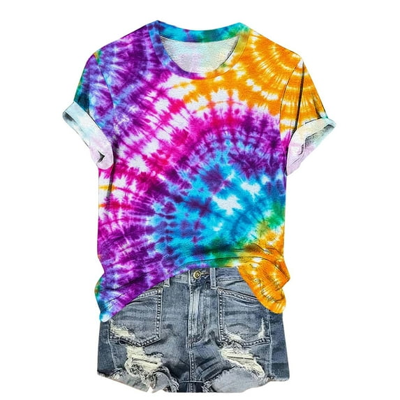 jtjvou Women's Summer Short Sleeve Pullover Round Neck Tees Tie Dye Tops Trendy Fashion Oversize Going out Tops for Teen Multicolor,S