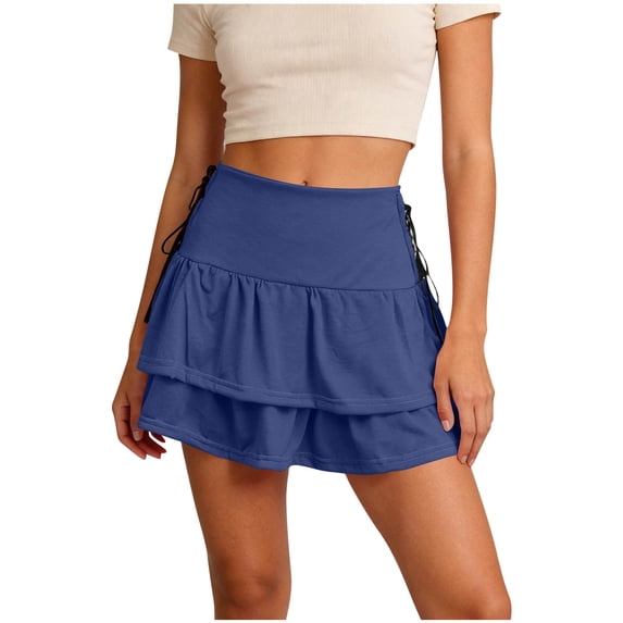 jtjvou Women's Y2k Mini Ruffle Skirts with Shorts Tiered Layers Cute Elastic Waist Coquette Skort Drawstring Side Bow Tie Navy L