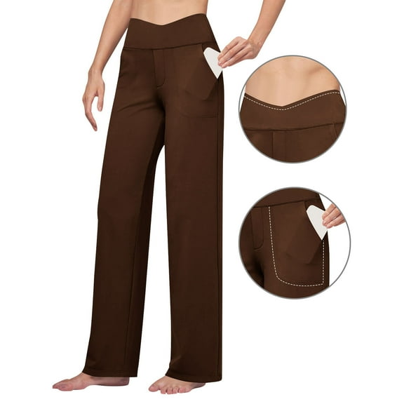 jtjvou Women's Yoga Pants Wide Leg Dress Work Pants Stretch Casual Pants Slacks with Pockets High Waist Brown S