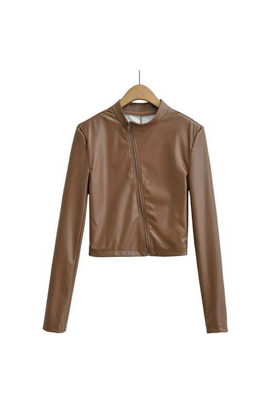 Women's Zipper Leather Jacket Agent Style Slim Fit Stand Collar Long Sleeve Casual Coat Perfect for Daily Wear Coffee L
