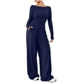 thumbnail image 1 of jtjvou Womens 2 Piece Fall 2025 Outfit Long Sleeve Round Neck Top and Drawstring Wide Leg Pants Lounge Set Tracksuit Blue M, 1 of 5