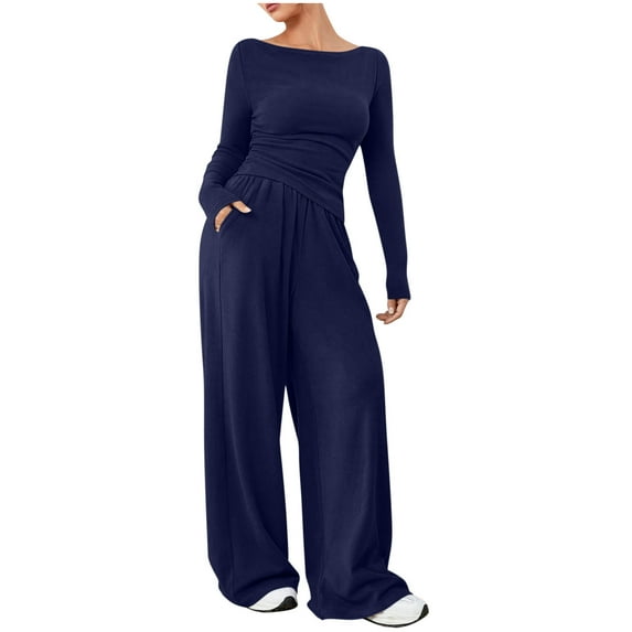 jtjvou Womens 2 Piece Fall 2025 Outfit Long Sleeve Round Neck Top and Drawstring Wide Leg Pants Lounge Set Tracksuit Blue M
