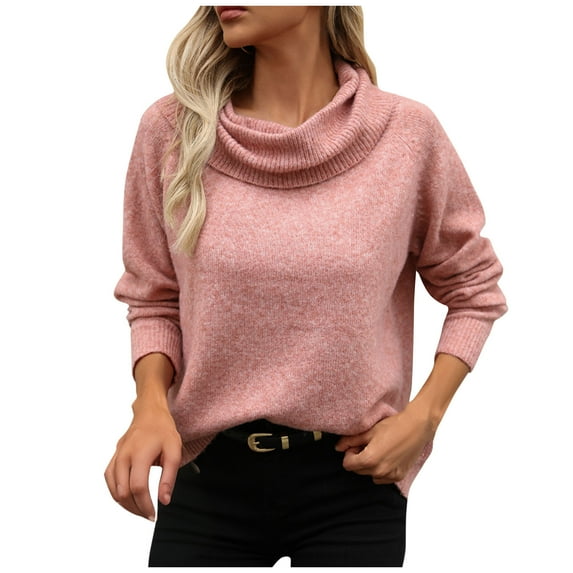 jtjvou Womens 2024 Fall Winter Cowl Neck Long Sleeve Off Shoulder Casual Loose Knit Pullover Sweater Jumper Tops,Pink,M